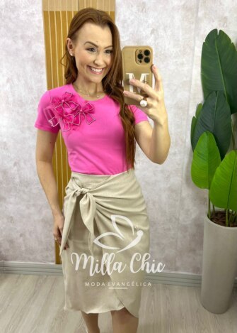 Blusa Sabrina Em Algodão Com Laço - Rosa Barbie - Milla Chic