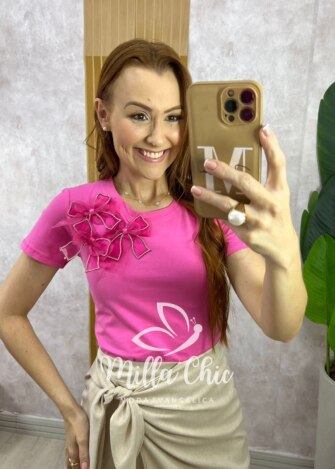 Blusa Sabrina Em Algodão Com Laço - Rosa Barbie - Milla Chic