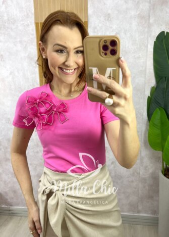 Blusa Sabrina Em Algodão Com Laço - Rosa Barbie - Milla Chic