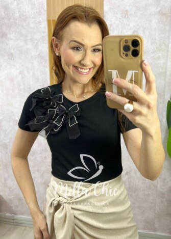 Blusa Sabrina Em Algodão Com Laço - Preta - Milla Chic