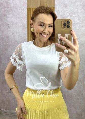 Blusa Dalila Em Malha Manga Em Tule - Branca - Milla Chic