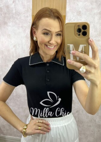 Milla Chic - millachic com br blusa tania gola polo malha branca copia 1 Blusa Tânia Gola Polo Malha - Preta - Milla Chic