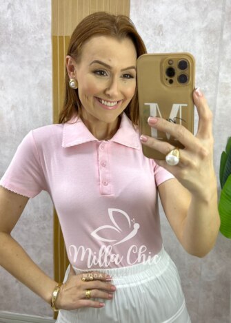 Milla Chic - millachic com br blusa tania gola polo malha rosa Blusa Tânia Gola Polo Malha - Rosa - Milla Chic