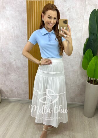 Blusa Tânia Gola Polo Malha - Azul Baby - Milla Chic