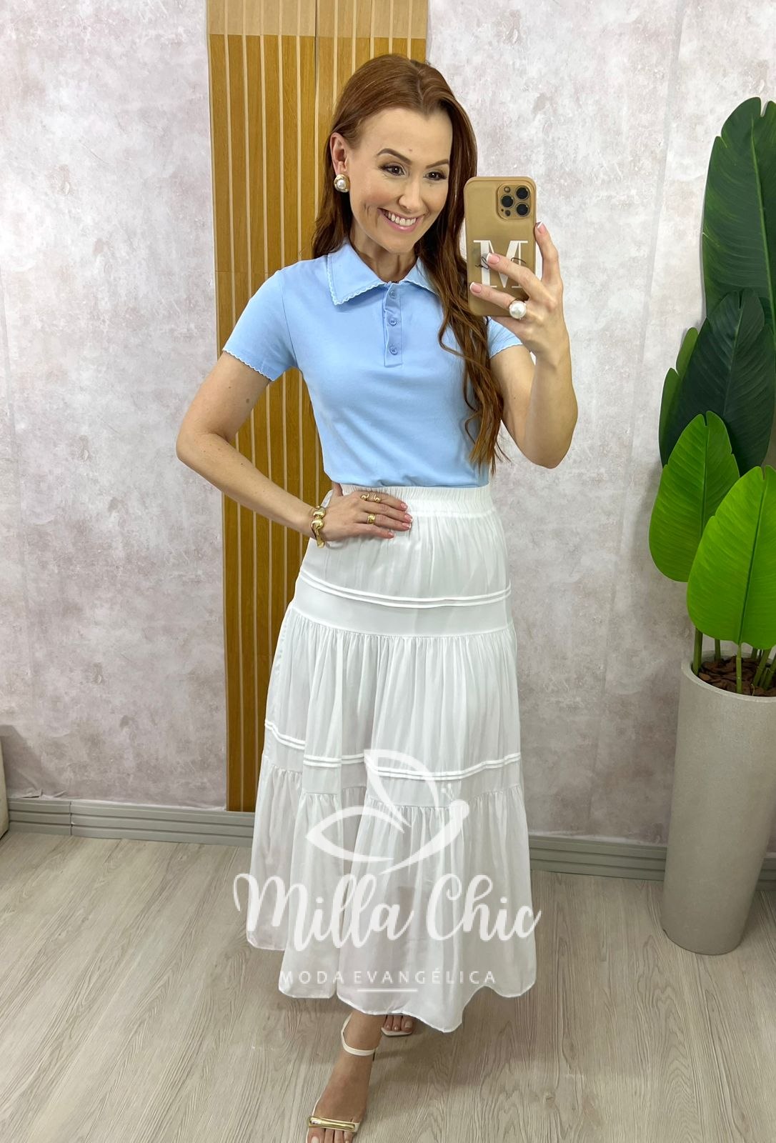 Milla Chic - millachic com br blusa tania gola polo malha rosa copia Blusa Tânia Gola Polo Malha - Azul Baby - Milla Chic