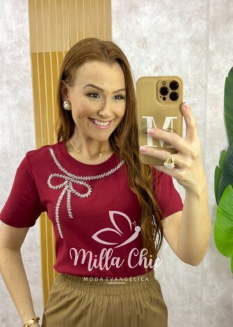 Blusa Valquíria Laço Bordada - Cereja - Milla Chic
