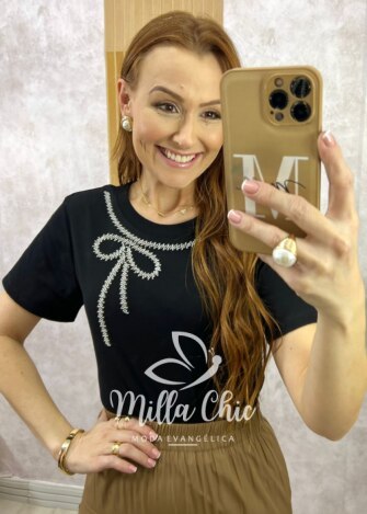 Blusa Valquíria Laço Bordada - Preta - Milla Chic