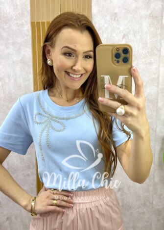 Blusa Valquíria Laço Bordada - Azul Baby - Milla Chic