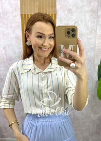 Camisa Aline em Listras - Azul Baby - Milla Chic
