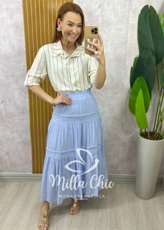 Camisa Aline em Listras - Azul Baby - Milla Chic