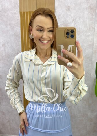 Camisa Aline em Listras - Azul Baby - Milla Chic