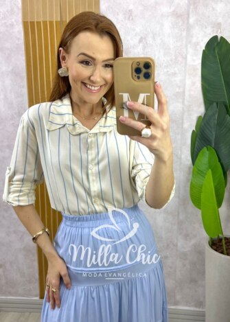 Camisa Aline em Listras - Azul Baby - Milla Chic