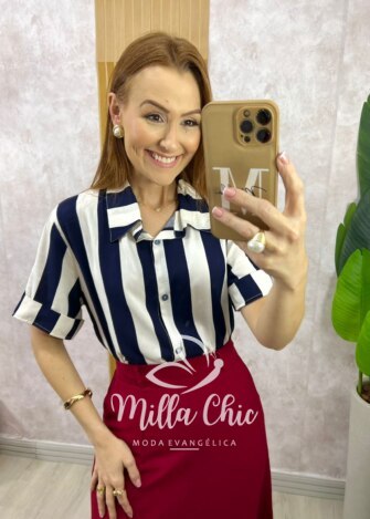 Camisa Pietra em Listras - Azul Marinho - Milla Chic