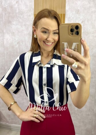 Camisa Pietra em Listras - Azul Marinho - Milla Chic