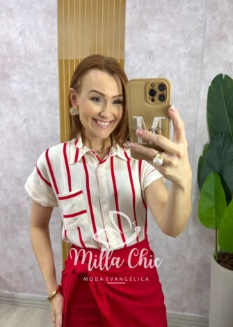 Camisa Romana em Viscolinho Listrada - Vermelha - Milla Chic