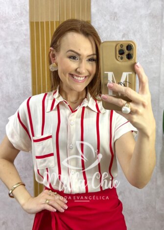 Camisa Romana em Viscolinho Listrada - Vermelha - Milla Chic