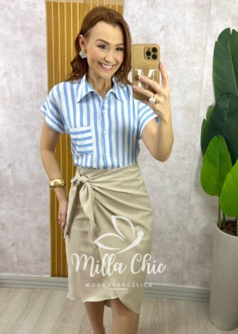 Milla Chic - millachic com br camisa romana listra azul celeste Camisa Romana Listra - Azul Celeste - Milla Chic