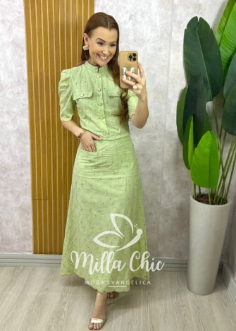 Conjunto Andresa em Lesie Algodão Bordada - Menta - Milla Chic
