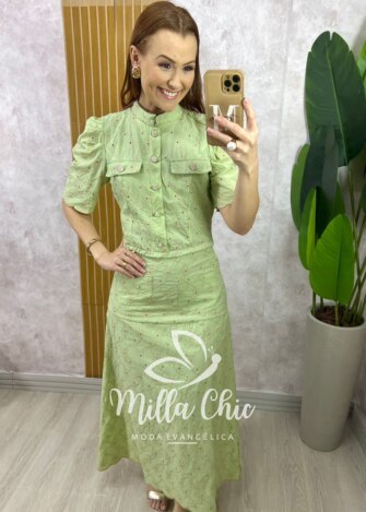 Conjunto Andresa em Lesie Algodão Bordada - Menta - Milla Chic