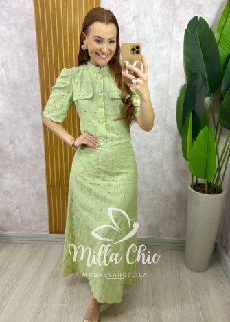 Conjunto Andresa em Lesie Algodão Bordada - Menta - Milla Chic