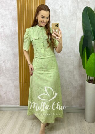 Conjunto Andresa em Lesie Algodão Bordada - Menta - Milla Chic