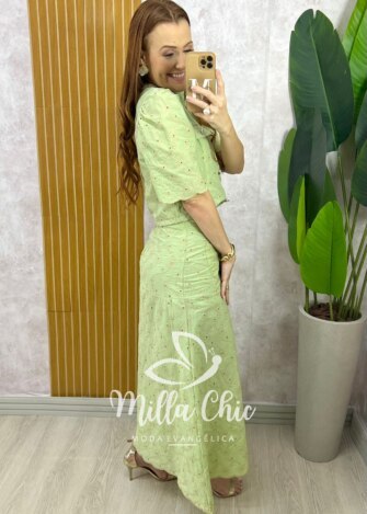Conjunto Andresa em Lesie Algodão Bordada - Menta - Milla Chic