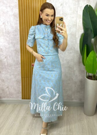 Conjunto Andresa em Lesie Algodão Bordada - Azul Baby - Milla Chic