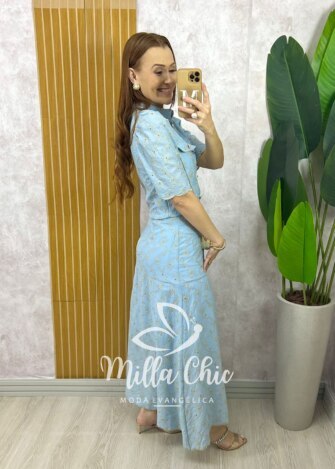 Conjunto Andresa em Lesie Algodão Bordada - Azul Baby - Milla Chic
