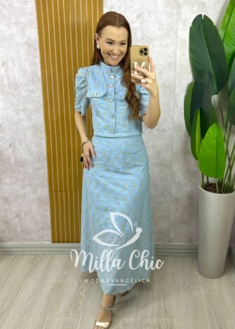 Conjunto Andresa em Lesie Algodão Bordada - Azul Baby - Milla Chic