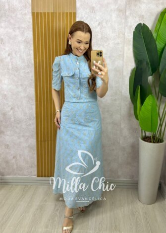 Conjunto Andresa em Lesie Algodão Bordada - Azul Baby - Milla Chic