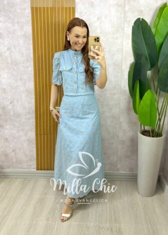 Conjunto Andresa em Lesie Algodão Bordada - Azul Baby - Milla Chic