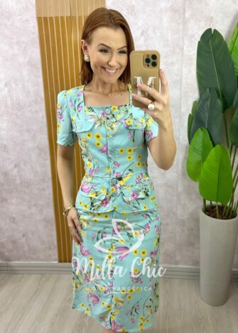 Conjunto Dulce em Linho Estampado - Verde Acqua - Milla Chic