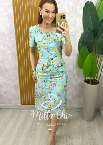 Milla Chic - millachic com br conjunto dulce em linho estampado verde acqua Conjunto Dulce em Linho Estampado - Verde Acqua - Milla Chic