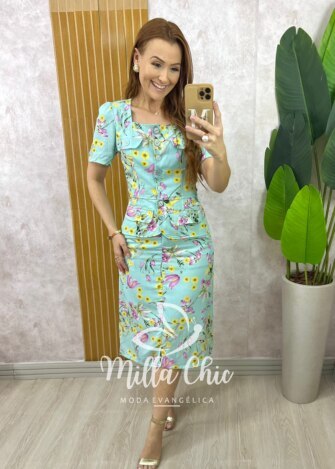 Conjunto Dulce em Linho Estampado - Verde Acqua - Milla Chic