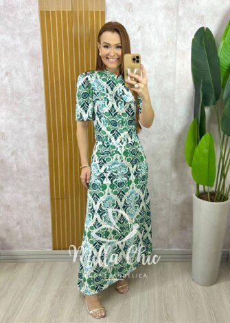 Conjunto Olívia em Linho Estampado - Azul Marinho - Milla Chic