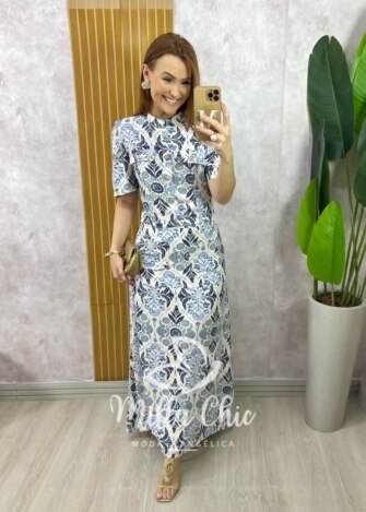 Conjunto Olívia em Linho Estampado - Azul Marinho - Milla Chic