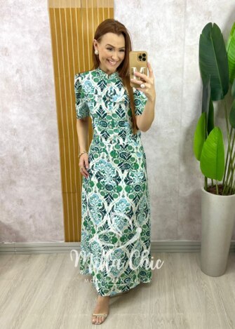 Conjunto Olívia em Linho Estampado - Azul Marinho - Milla Chic