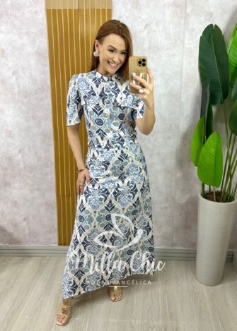 Conjunto Olívia em Linho Estampado - Azul Marinho - Milla Chic