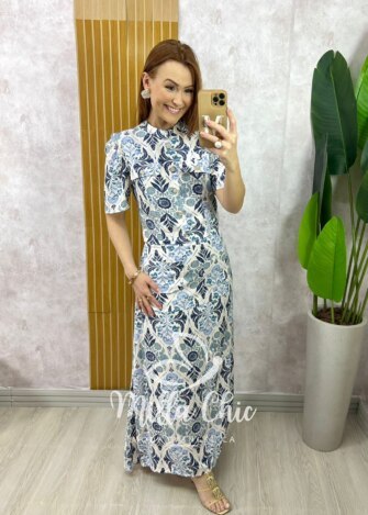 Conjunto Olívia em Linho Estampado - Azul Marinho - Milla Chic