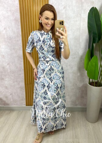 Conjunto Olívia em Linho Estampado - Azul Marinho - Milla Chic
