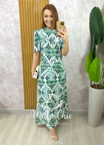 Conjunto Olívia em Linho Estampado - Verde - Milla Chic
