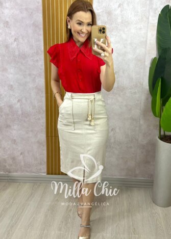 Saia Clara Em Linho - Areia - Milla Chic