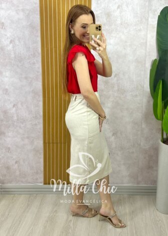 Saia Clara Em Linho - Areia - Milla Chic