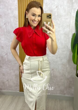 Saia Clara Em Linho - Areia - Milla Chic