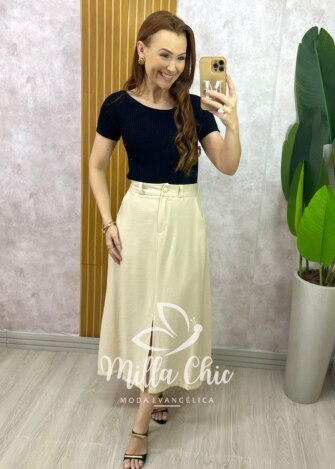 Saia Lúcia em Alfaiataria Marrant - Natural - Milla Chic