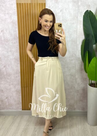 Saia Lúcia em Alfaiataria Marrant - Natural - Milla Chic