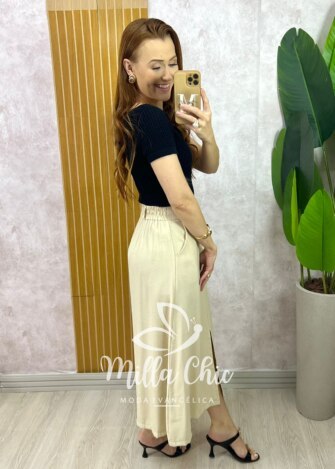 Saia Lúcia em Alfaiataria Marrant - Natural - Milla Chic