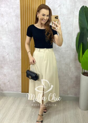 Saia Lúcia em Alfaiataria Marrant - Natural - Milla Chic