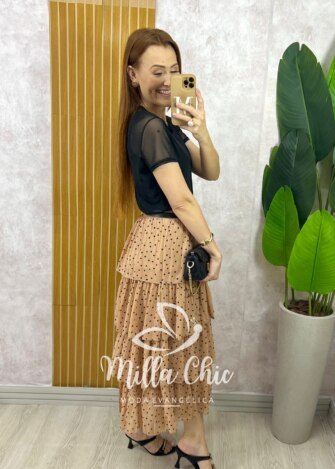 Saia Samanta em Chiffon Camadas - Cappuccino - Milla Chic
