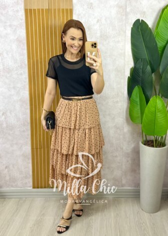 Saia Samanta em Chiffon Camadas - Cappuccino - Milla Chic